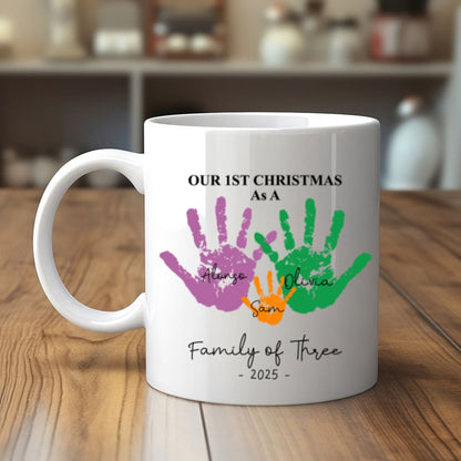 First Christmas As A Family Of Four Handprints - Personalized Mug White & Black