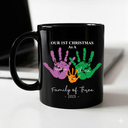First Christmas As A Family Of Four Handprints - Personalized Mug White & Black