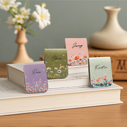 Floral Leather Magnetic Bookmark – Personalized Custom Name Bookmark for Book Lovers, Teachers & Readers, Elegant Flower Design Gift for Her