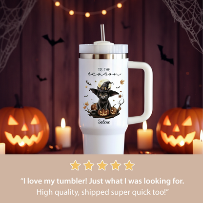 Custom Halloween Tumbler for Cat Lovers | Personalized Black Cat & Ghost Design | 20oz or 40oz Halloween Travel Cup | Perfect Customizable Gift for Halloween | Halloween Gift for Lovers, Mom