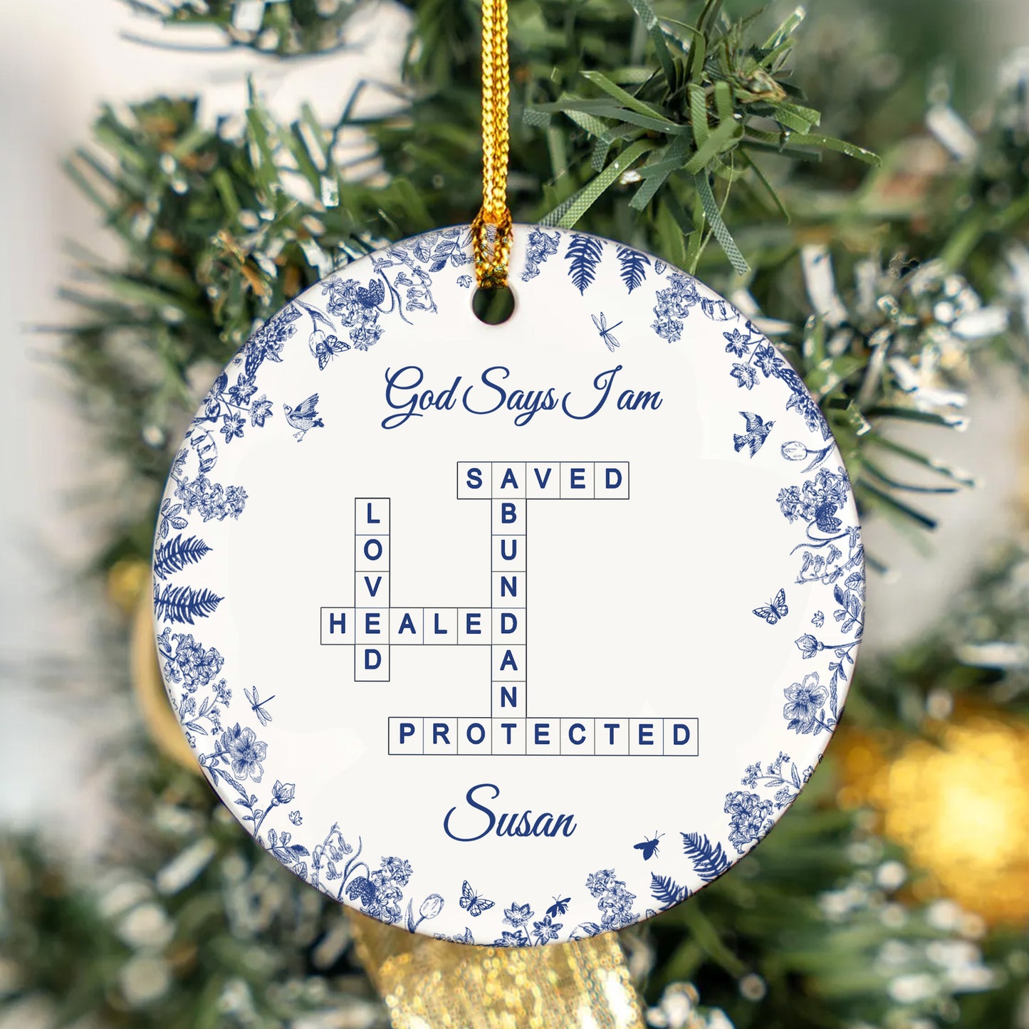 Custom “God Says I Am” Ceramic Ornament – Christian Crossword Design – Personalized Faith Gift for Women, Friends, and Family