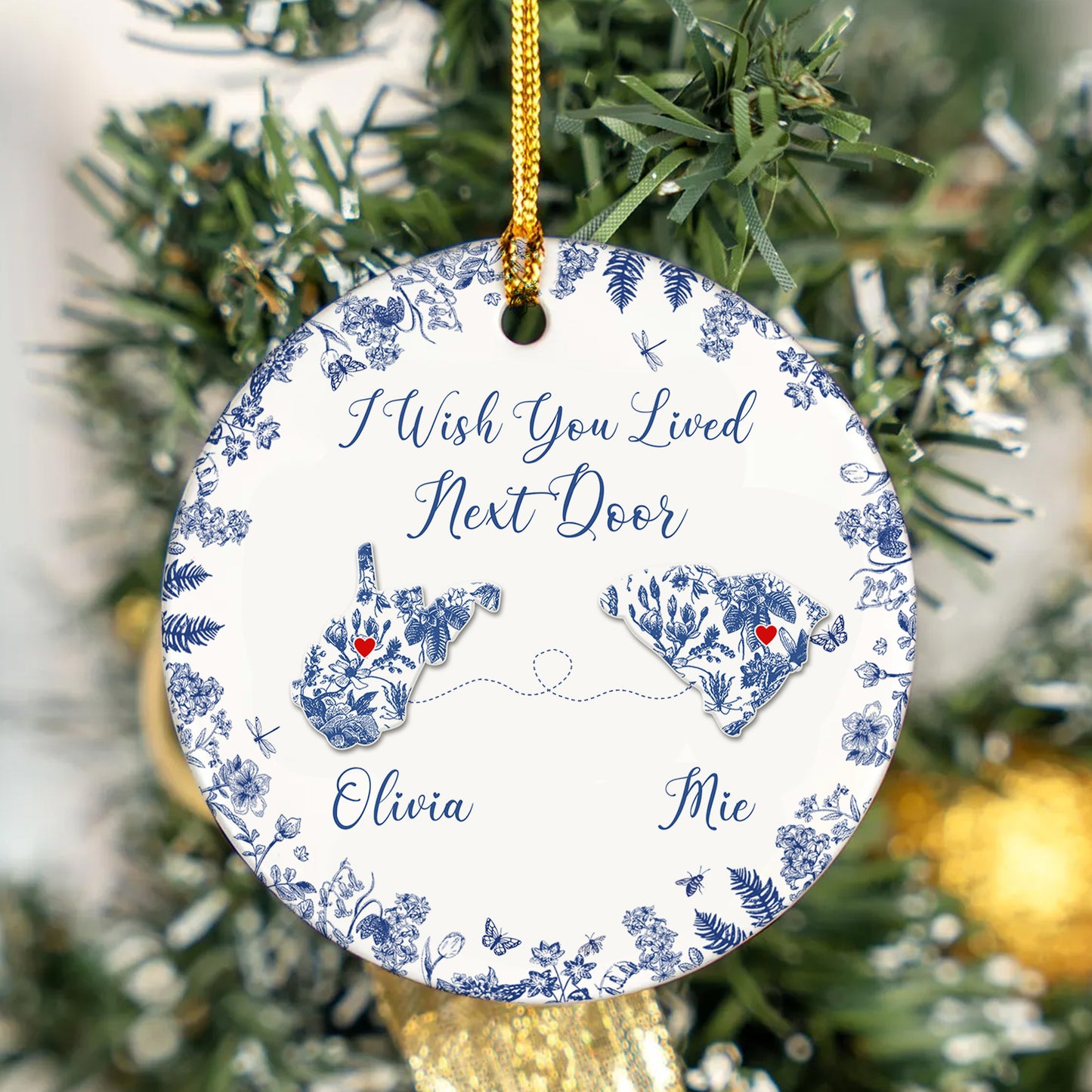 Custom Long-Distance State Ornament – Personalized Map Ornament with Names – Friendship or Family Christmas Gift